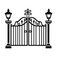 Black gate with two lamps on either side. The gate is ornate and has a decorative design vector