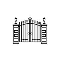An iron gate with a lamp post on top vector