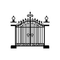 Black and white image of a gate with a decorative design. The gate is open and has two doors vector