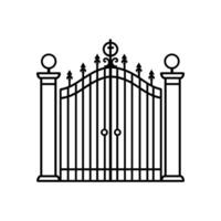 Black gate with two doors and two pillars. The gate is ornate and has a decorative design vector