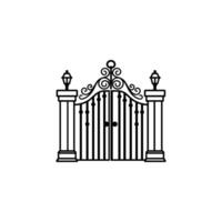 Black and white gate with a wrought iron design. The gate is open vector