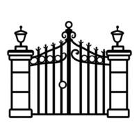 Black gate with a white pillar on each side. The gate is ornate and has a lot of detail vector