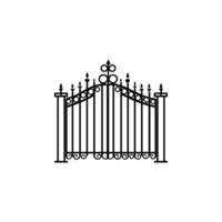 Black and white gate with a gold cross on top. The gate is open and has a lot of spikes vector