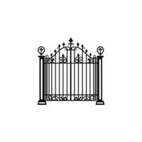 Gate with a cross on top is shown in black and white. The gate is open. The gate is made of metal vector
