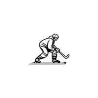 Man in a hockey uniform is holding a hockey stick and is on a snowboard. vector