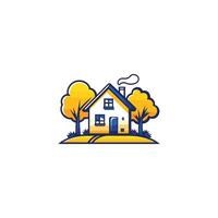 House with a chimney and a tree in front of it. The house is white and has a blue trim vector