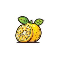 Cartoon drawing of a lemon with a leaf on top. The lemon is cut in half, revealing its juicy vector