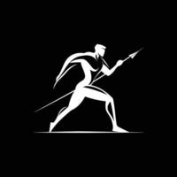 Man is depicted in a black and white image with a spear in his hand. Concept of strength and power vector