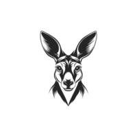 Black and white drawing of a kangaroo's head. The kangaroo has a very large ear and a small nose vector
