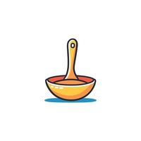 Yellow bowl with a spoon in it. The bowl is empty and the spoon is sticking out of it vector