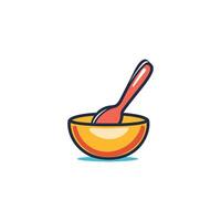 Bowl with a spoon in it. The bowl is yellow and the spoon is red vector
