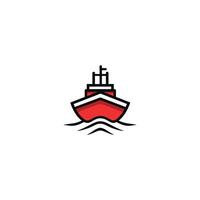 Red boat is on the water. The boat is large and has a white stripe on it vector