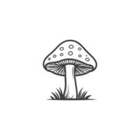 Mushroom is drawn in black and white on a white background. The mushroom is surrounded by grass vector