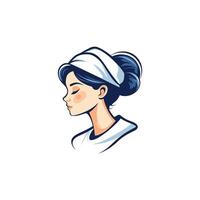 Woman with a white headband and a blue bun. She has a calm expression on her face vector