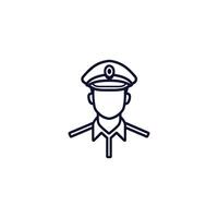 Man in a uniform with a hat and a badge. He is a police officer. The image is black and white vector