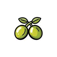 Two green olives with leaves on top. The leaves are green and have a leafy appearance vector
