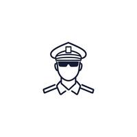 Man in a uniform with sunglasses on his face. He is a police officer. The image is black and white vector
