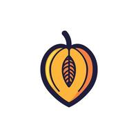 Cartoon drawing of a peach with a leaf on it. The peach is cut in half, revealing the seeds inside vector