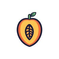 Cartoon drawing of a peach with a leaf on it. The peach is cut in half, revealing the inside vector