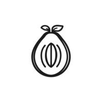 Black and white drawing of a fruit with a green leaf on top. The fruit is a peach vector