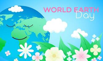 horizontal template for Earth Day, smiling planet surrounded by flowers vector