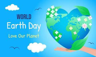 horizontal template for earth day, planet in heart shape with flowers and leaves vector
