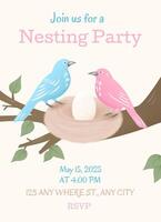 nesting party invitation,cute template with birds and nest with eggs vector