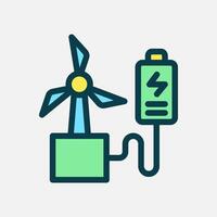 windmill and battery icon Flat line color, free energy, ecology, renewable and green energy concept. Line and flat color icon. vector