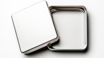 A sleek, modern, and minimalistic metal tin box with a removable lid, shown slightly open, revealing its smooth. photo