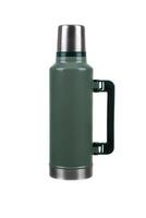 A green thermos with a stainless steel cap and bottom, black handle on the side, isolated on a white background. photo