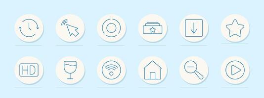 General actions set icon. Clock, arrow, pointer, star, folder, house, play button, search, high definition, wireless. Represent navigation, media, and technology tools vector