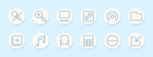 Magnify and tools set icon. Magnifying glass, cross, focus, folder, note, music, pie chart, file, radio waves. Represent searching, organizing, and editing tools vector