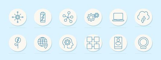 Digital technology set icon. Innovation, battery, networking, gears, laptop, cloud computing, eco energy, global positioning, AI, blockchain, smartphone, webcam vector