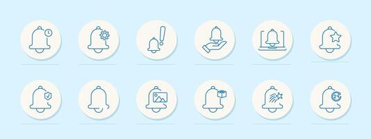 Reminder set icon. Bell with clock, settings, alert, hand, laptop notification, stars, protection, images, package, timer, updates. Represent notifications, reminders, and security alerts vector