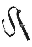 Adjustable black strap featuring plastic buckles, perfect for use with bags, backpacks, or luggage, set against a white background, highlighting its versatility and practicality. photo
