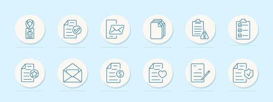 Documents set icon. ID badge, checklist, mobile mail, folders, alert, clipboard, star document, envelope, financial paper, heart document. Represent communication, management, and documentation vector
