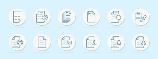 Documents set icon. Paper, medical document, stack of papers, bookmark, clipboard stamp, cancellation, image paper, download, notification, user document. Organization, approvals, record management vector