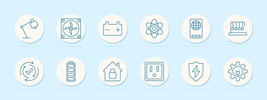 Electricity set icon. Lamp, ventilation, battery, atom, grid, charge cycle, locked house. Represent power systems, secure energy, and technology vector