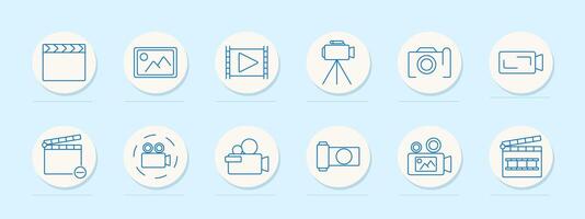 Cinema set icon. Clapperboard, image frame, film reel, camera, tripod, recording, editing tools. Represent filmmaking, photography, and production vector