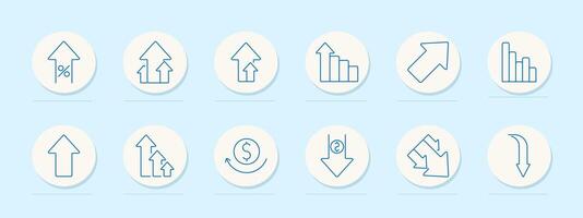 Growth set icon. Arrows, bar graphs, percentage increases, upward trends, revenue cycle, financial growth. Represent economic performance, statistics, and financial progress vector