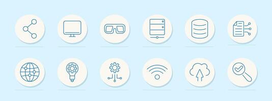 Data technology set icon. Networking, monitor, virtual reality, server, database, file transfer, global network, idea, AI, wireless, cloud upload, analytics vector