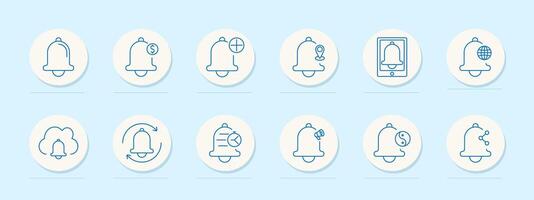 Notification set icon. Bell, location pin, money symbol, timer, alert, settings, message, calendar, share, protection shield, updates. Represent reminders, alerts, and notifications vector