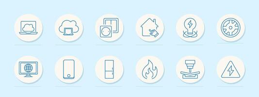 Home set icon. Laptop, cloud, socket, smart home, lightning energy, monitor, tablet, refrigerator, flame, industrial tool, warning. Represent smart homes, technology, and safety systems vector