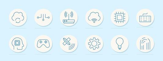 Technology set icon. Cloud storage, circuit, router, wireless connection, microchip, keyboard, AI, gaming, satellite, settings, idea, fingerprint recognition vector
