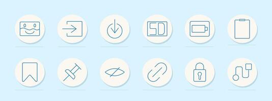 Tools and icons set icon. Smiley face, arrow, download, SD card, folder, lock, chain, pin, flowchart. Represent file management, navigation, and connections vector