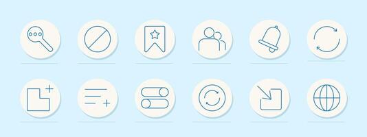 User interface set icon. Options, block, bookmark, group, notification, sync, add layout, align, switch, reload, upload, globe vector
