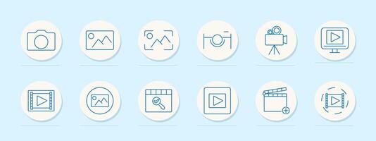 Photography set icon. Camera, photo, focus frame, tripod, camera, play screen, film reel, edit clapperboard, play button. Represent photography, videography, and media creation vector