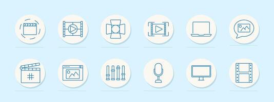 Cinema set icon. Spotlight, clapperboard, play button, monitor, image, sliders, microphone, screen, film strip. Represent editing, lighting, and sound design in filmmaking vector