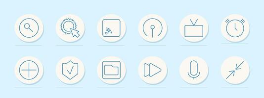 Technology set icon. Search, cursor on badge, wireless signal, radar, television, clock, add button, shield, folder, play button, microphone, minimize sign vector