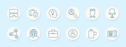 Workplace environment set icon. Desk, security, brainstorming, recruitment, meeting, teamwork, professional growth, leadership, relaxation, strategy, documentation vector